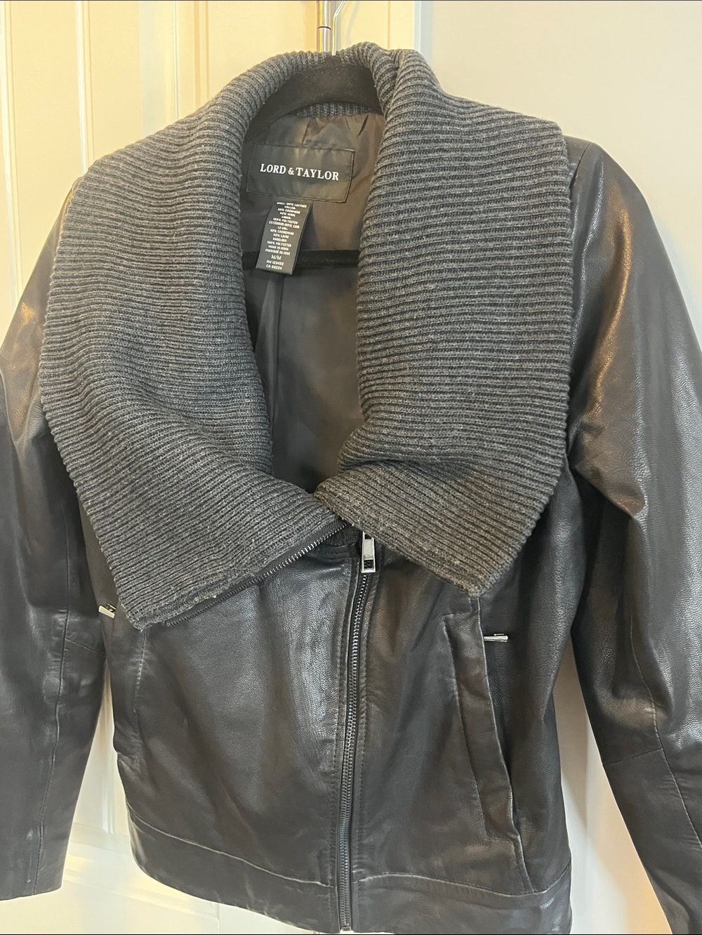 Lord & Taylor Black Leather Jacket with Cashmere Wool Knit Shawl Collar M